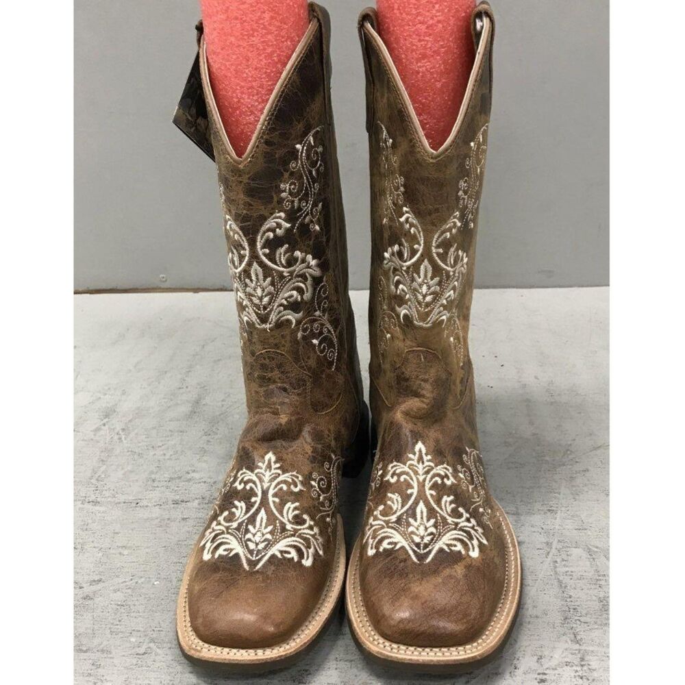 Old West Brown Leather Floral Embroidered Square Toe Western Boots Size NWT 7
